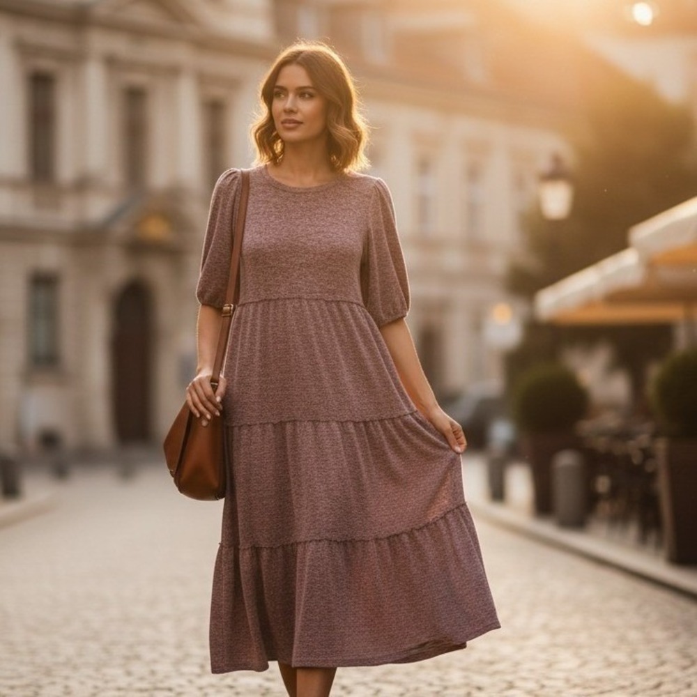 Knox Rose Boho Tiered Dress L Mauve Space Dye Puff Sleeve Knit Casual